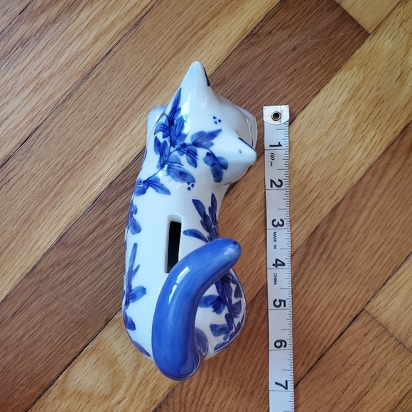 Cat kitten coin bank blue white floral print small - Picture 6 of 9